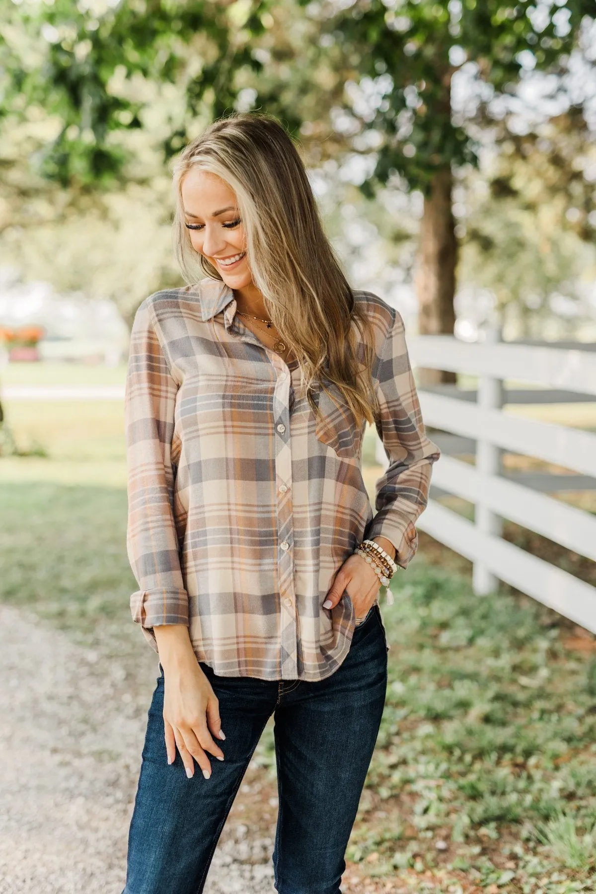 Bushels Of Fun Button Down Plaid Top- Oatmeal, Grey, & Camel
