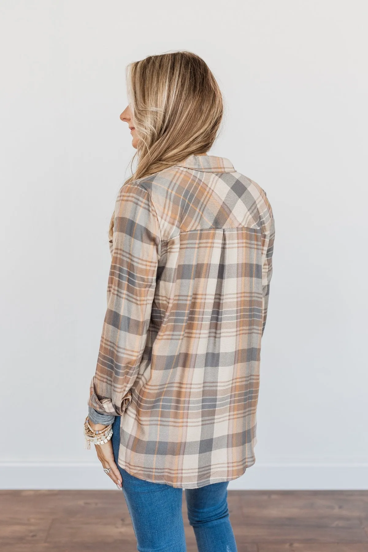 Bushels Of Fun Button Down Plaid Top- Oatmeal, Grey, & Camel