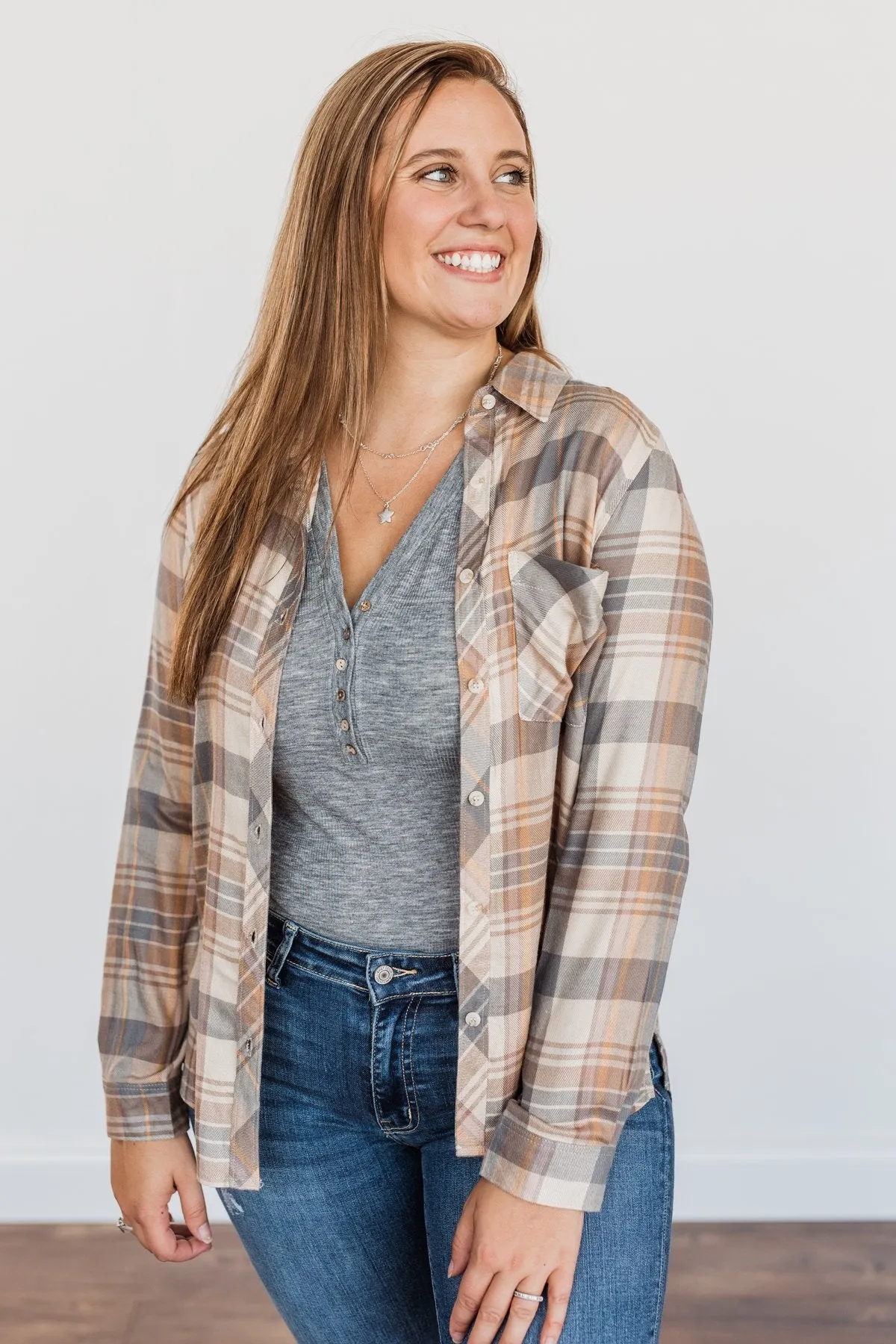 Bushels Of Fun Button Down Plaid Top- Oatmeal, Grey, & Camel