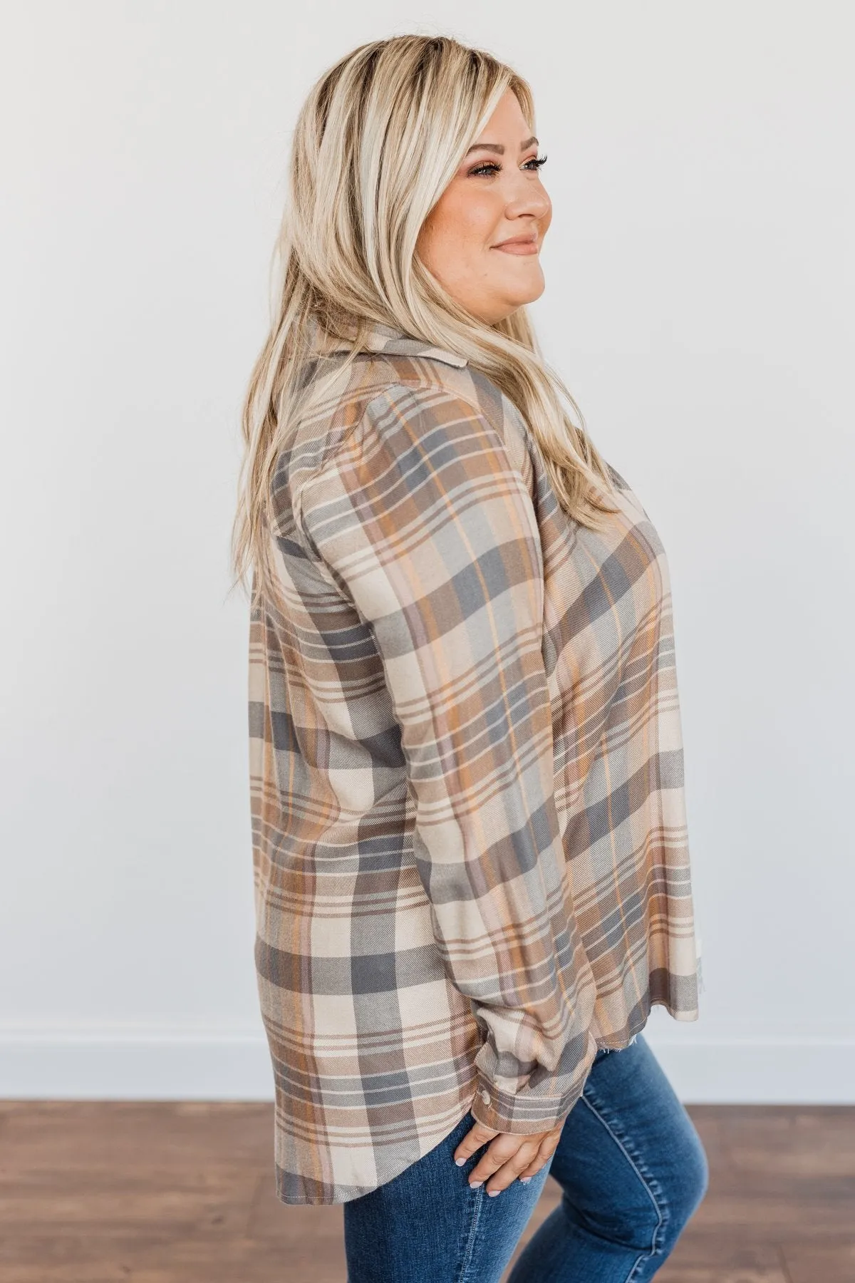 Bushels Of Fun Button Down Plaid Top- Oatmeal, Grey, & Camel
