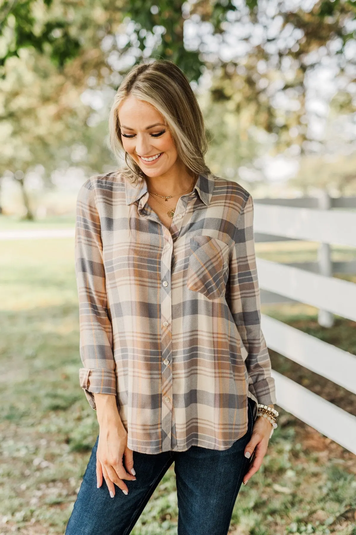 Bushels Of Fun Button Down Plaid Top- Oatmeal, Grey, & Camel