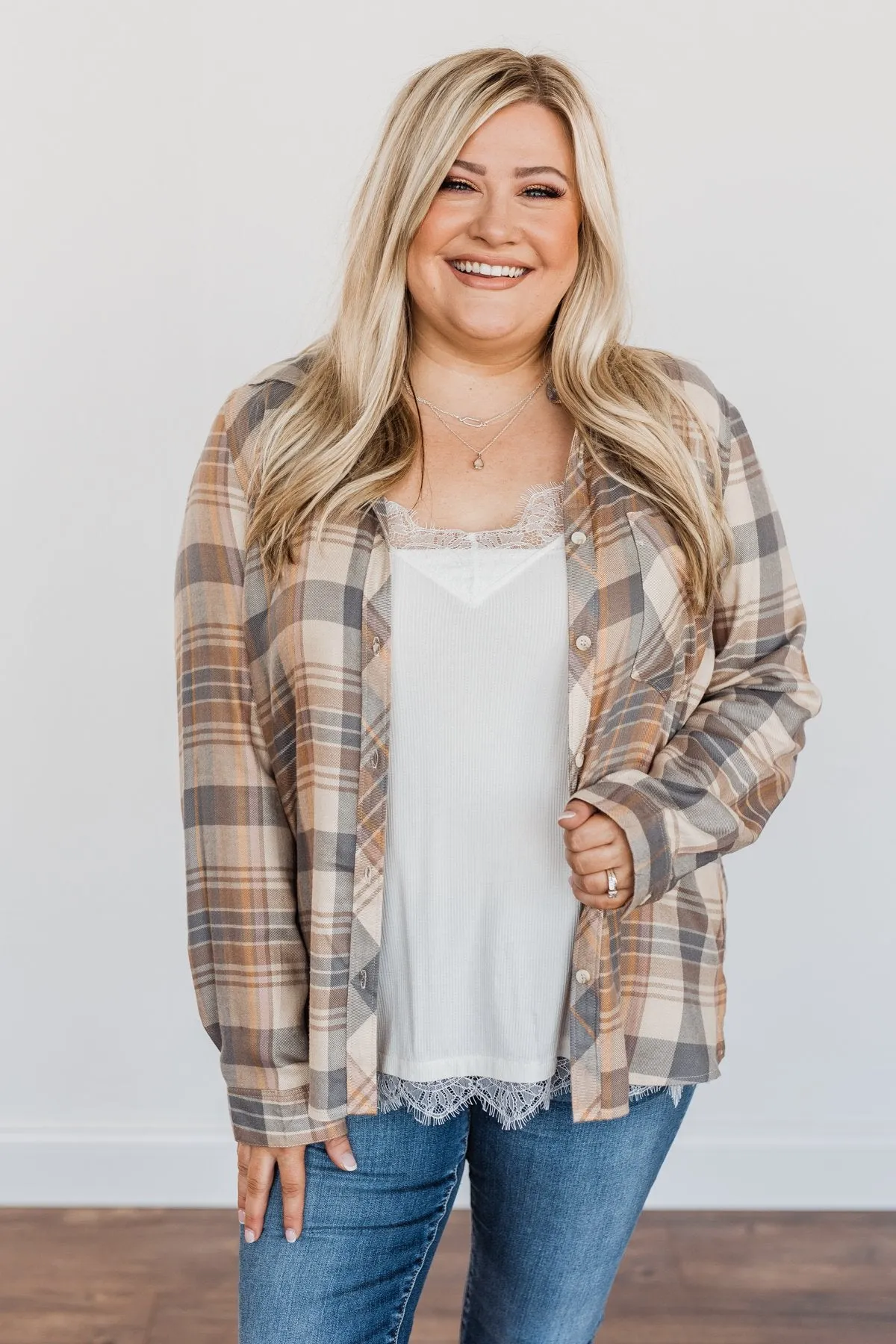 Bushels Of Fun Button Down Plaid Top- Oatmeal, Grey, & Camel