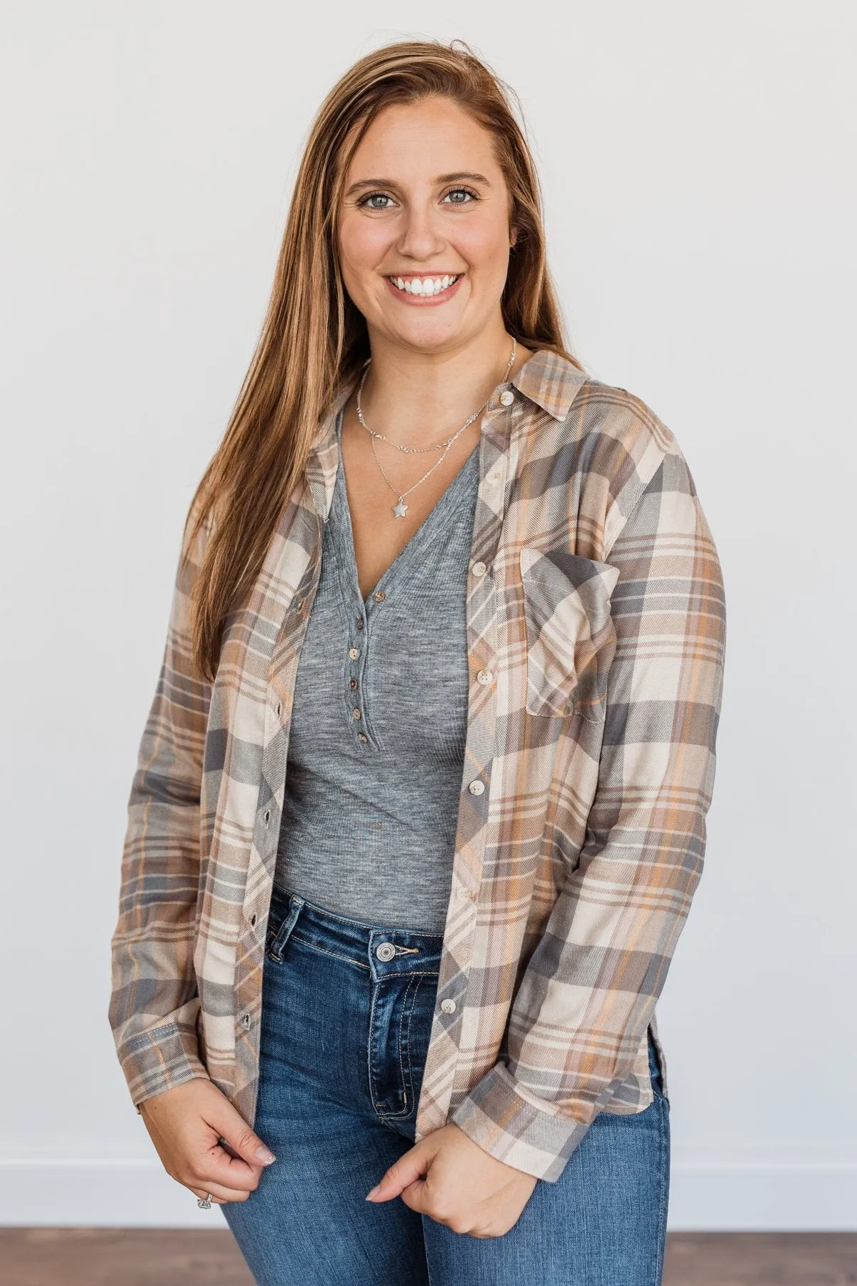 Bushels Of Fun Button Down Plaid Top- Oatmeal, Grey, & Camel