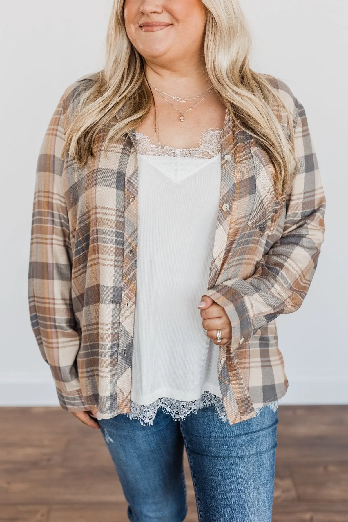 Bushels Of Fun Button Down Plaid Top- Oatmeal, Grey, & Camel
