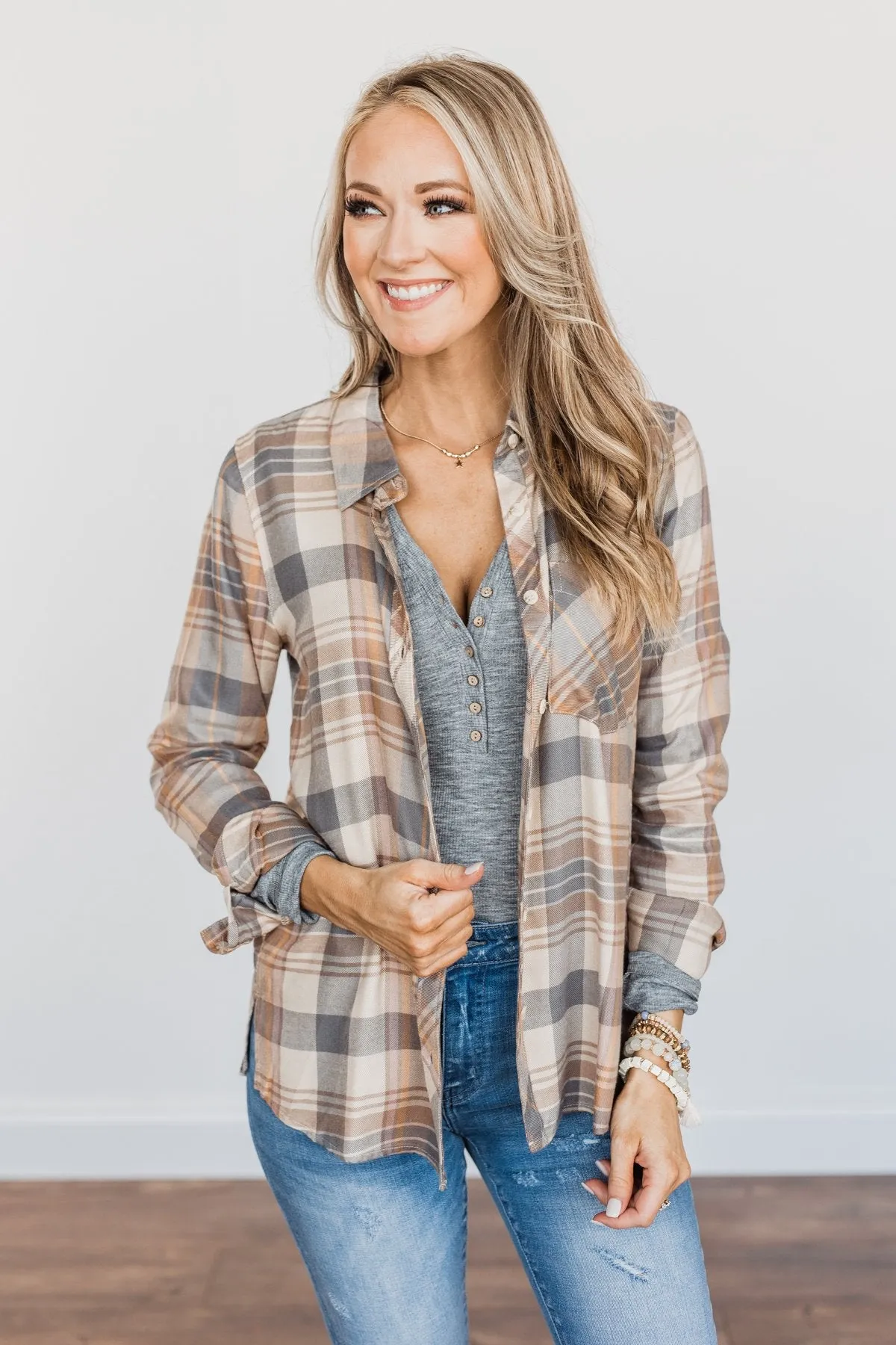 Bushels Of Fun Button Down Plaid Top- Oatmeal, Grey, & Camel