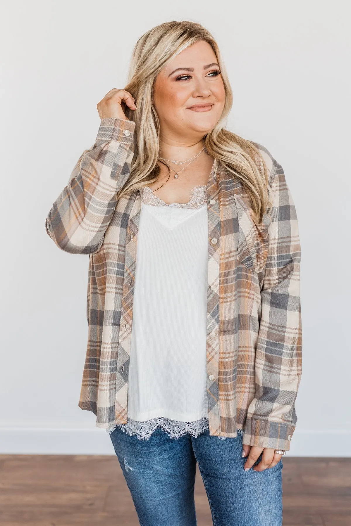 Bushels Of Fun Button Down Plaid Top- Oatmeal, Grey, & Camel