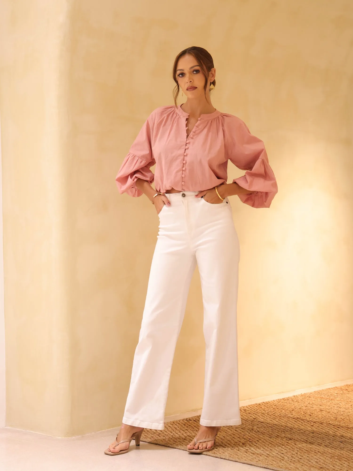 Button Down Balloon Sleeved Top