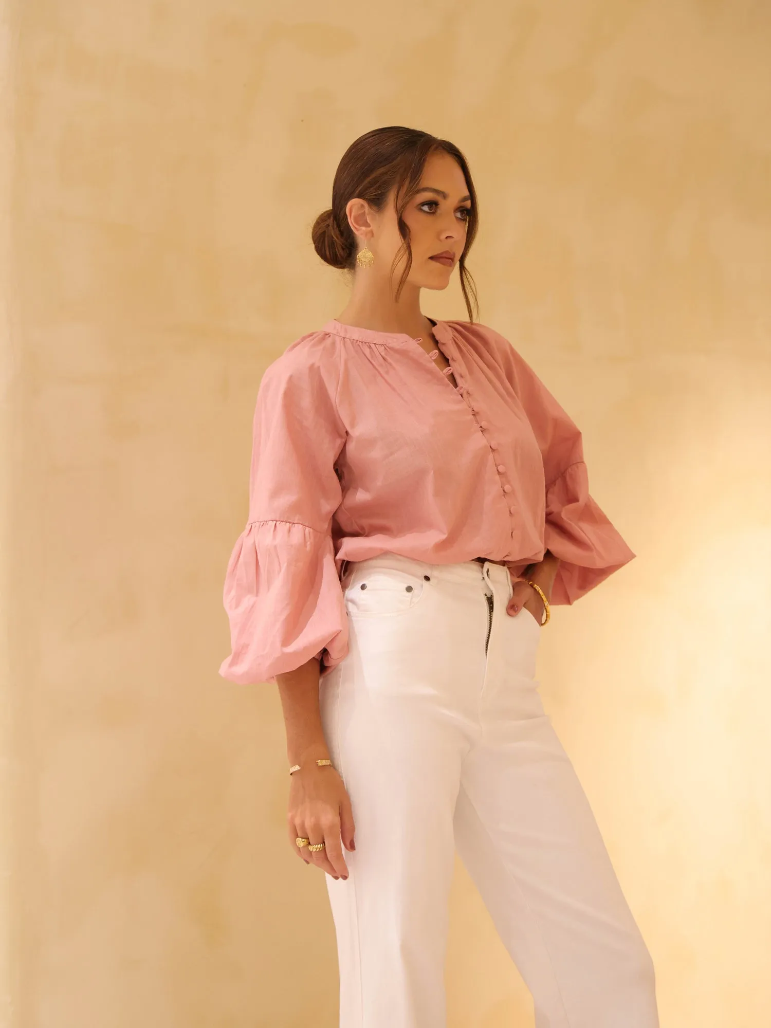 Button Down Balloon Sleeved Top