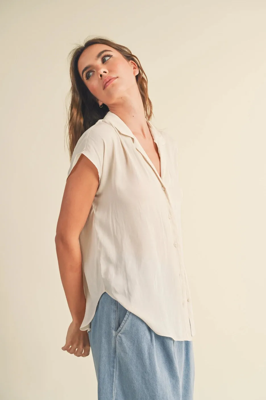 Button Down Cap Sleeve Shirts-Cream