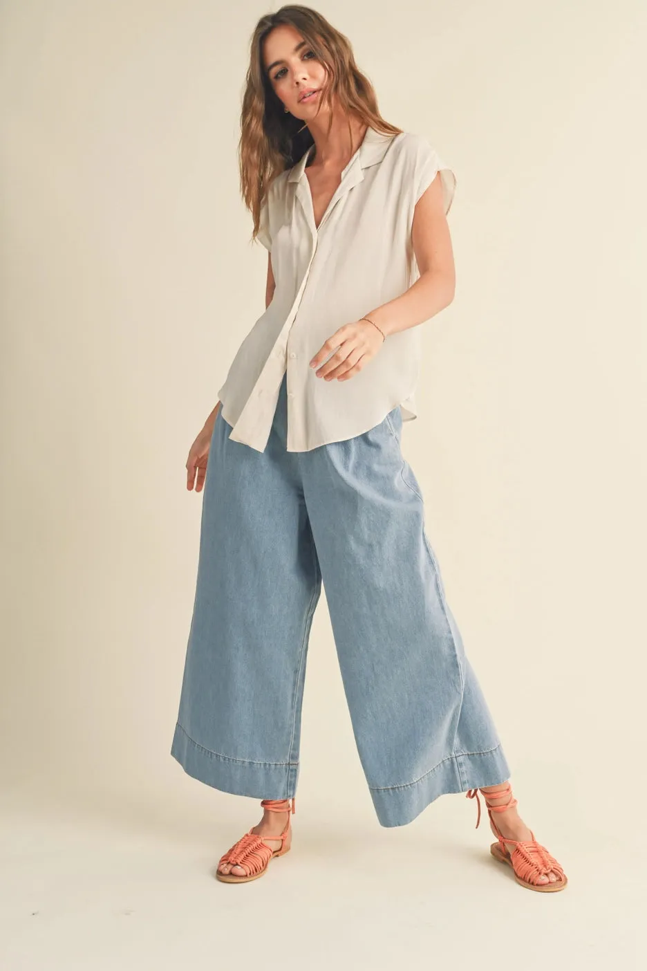 Button Down Cap Sleeve Shirts-Cream