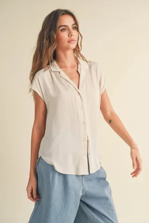Button Down Cap Sleeve Shirts-Cream