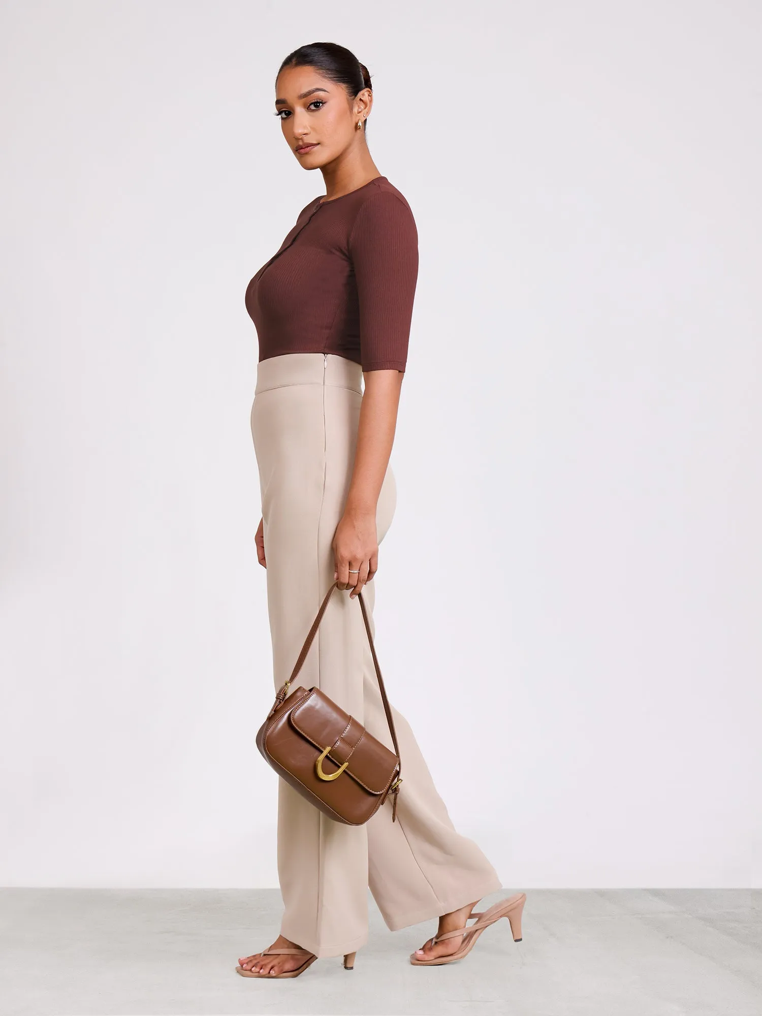 Button Down Round Neck Rib Top