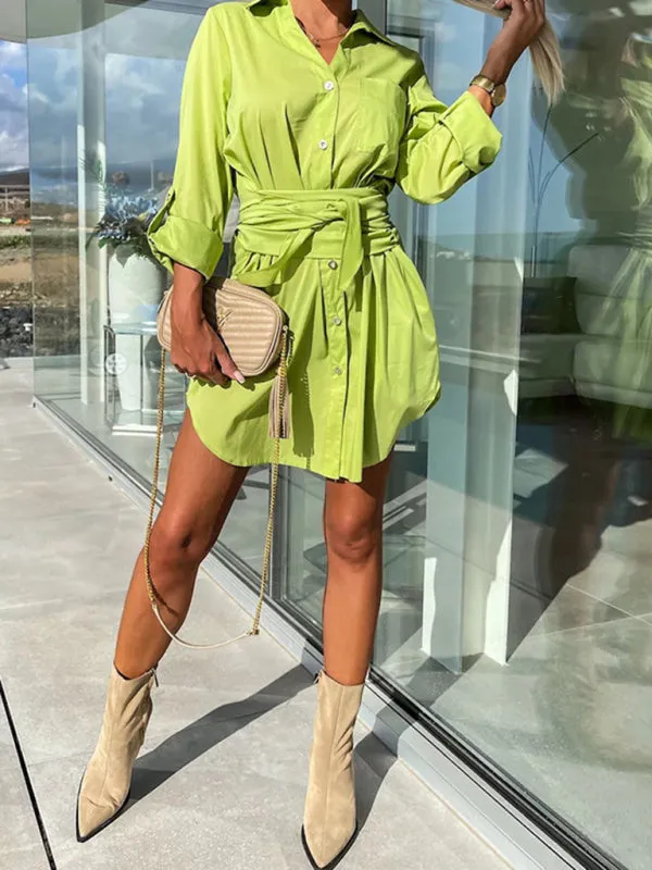 Button-Down Shirt Dress with Tie Waist and Roll-Up Sleeves