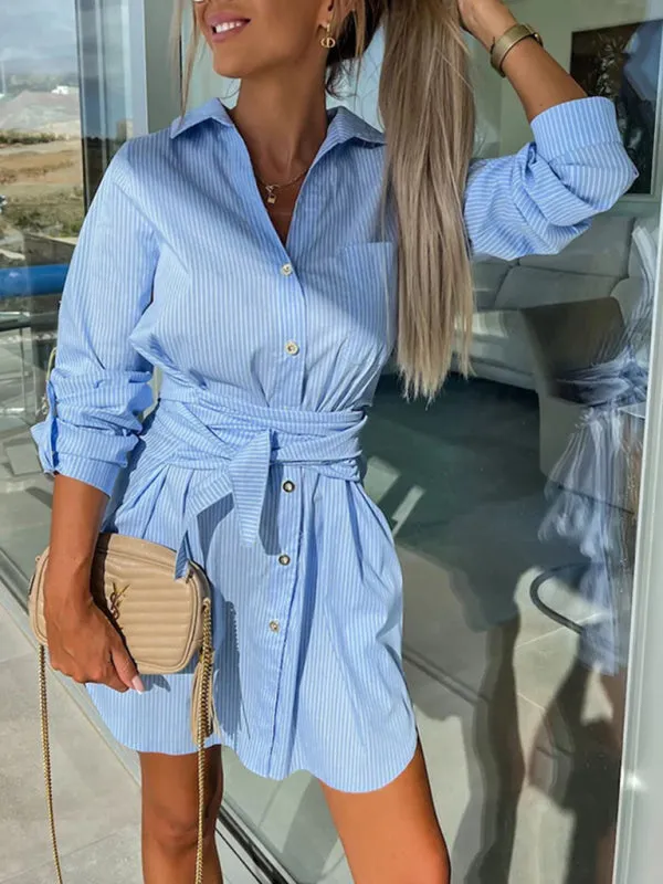 Button-Down Shirt Dress with Tie Waist and Roll-Up Sleeves
