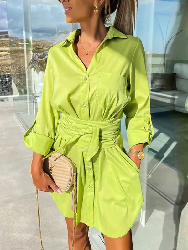 Button-Down Shirt Dress with Tie Waist and Roll-Up Sleeves