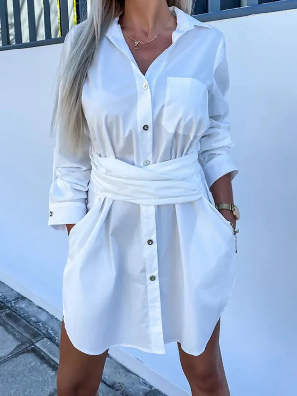 Button-Down Shirt Dress with Tie Waist and Roll-Up Sleeves