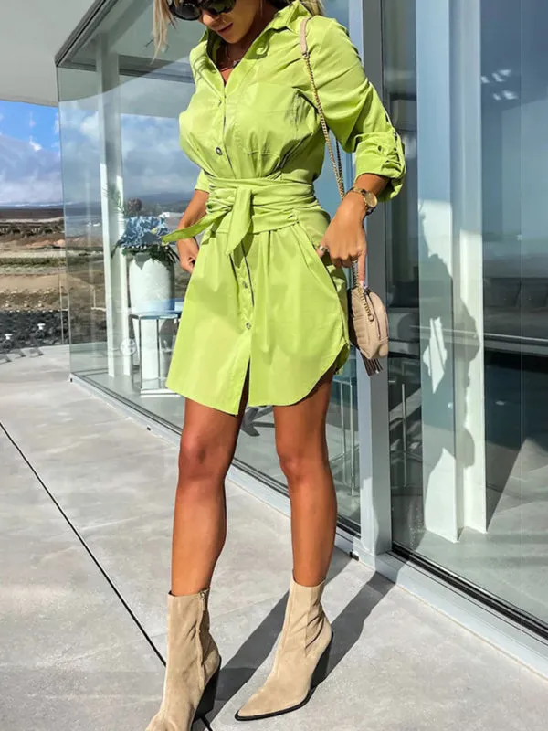 Button-Down Shirt Dress with Tie Waist and Roll-Up Sleeves