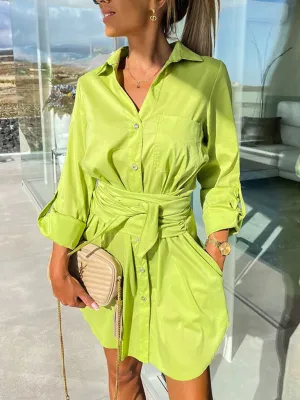 Button-Down Shirt Dress with Tie Waist and Roll-Up Sleeves
