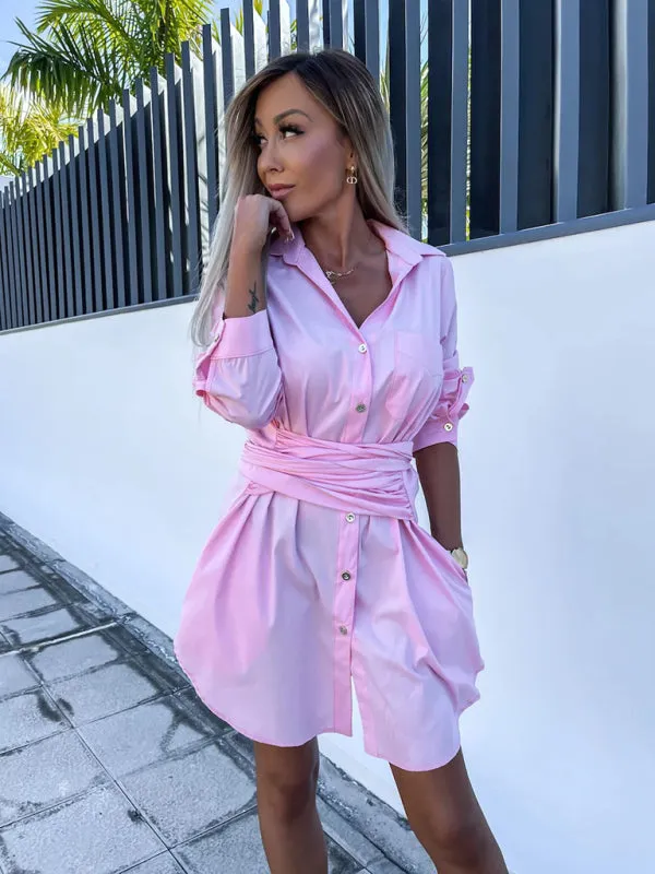 Button-Down Shirt Dress with Tie Waist and Roll-Up Sleeves