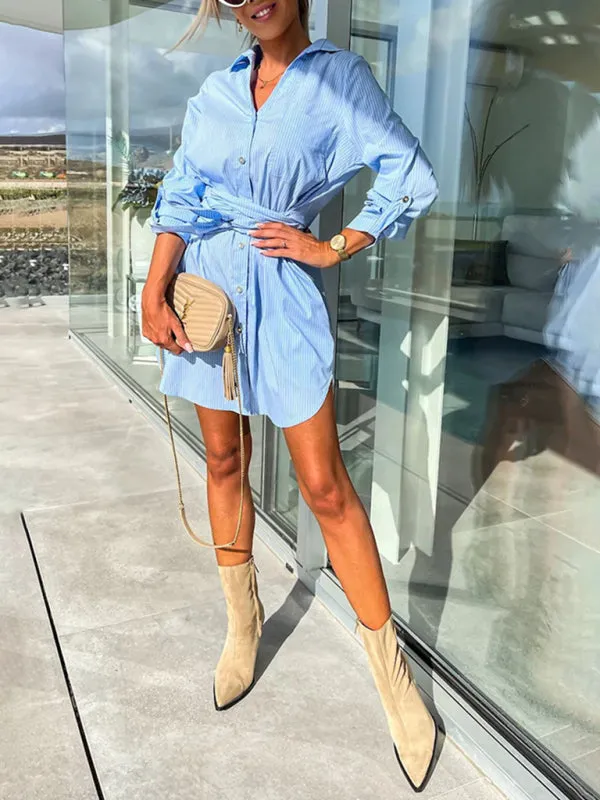 Button-Down Shirt Dress with Tie Waist and Roll-Up Sleeves