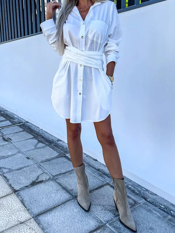 Button-Down Shirt Dress with Tie Waist and Roll-Up Sleeves