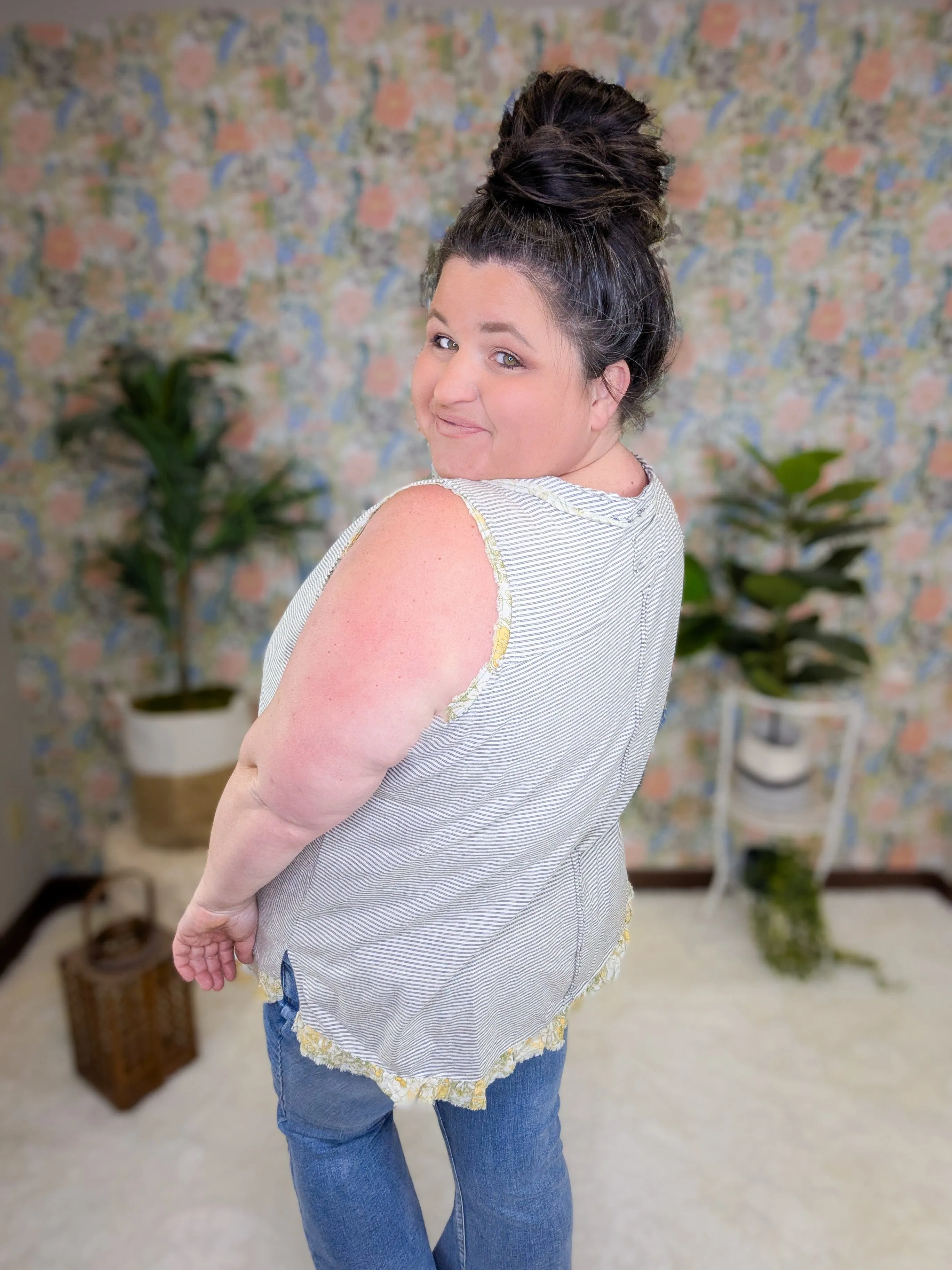 Carlie Striped Tank w/Floral Accent