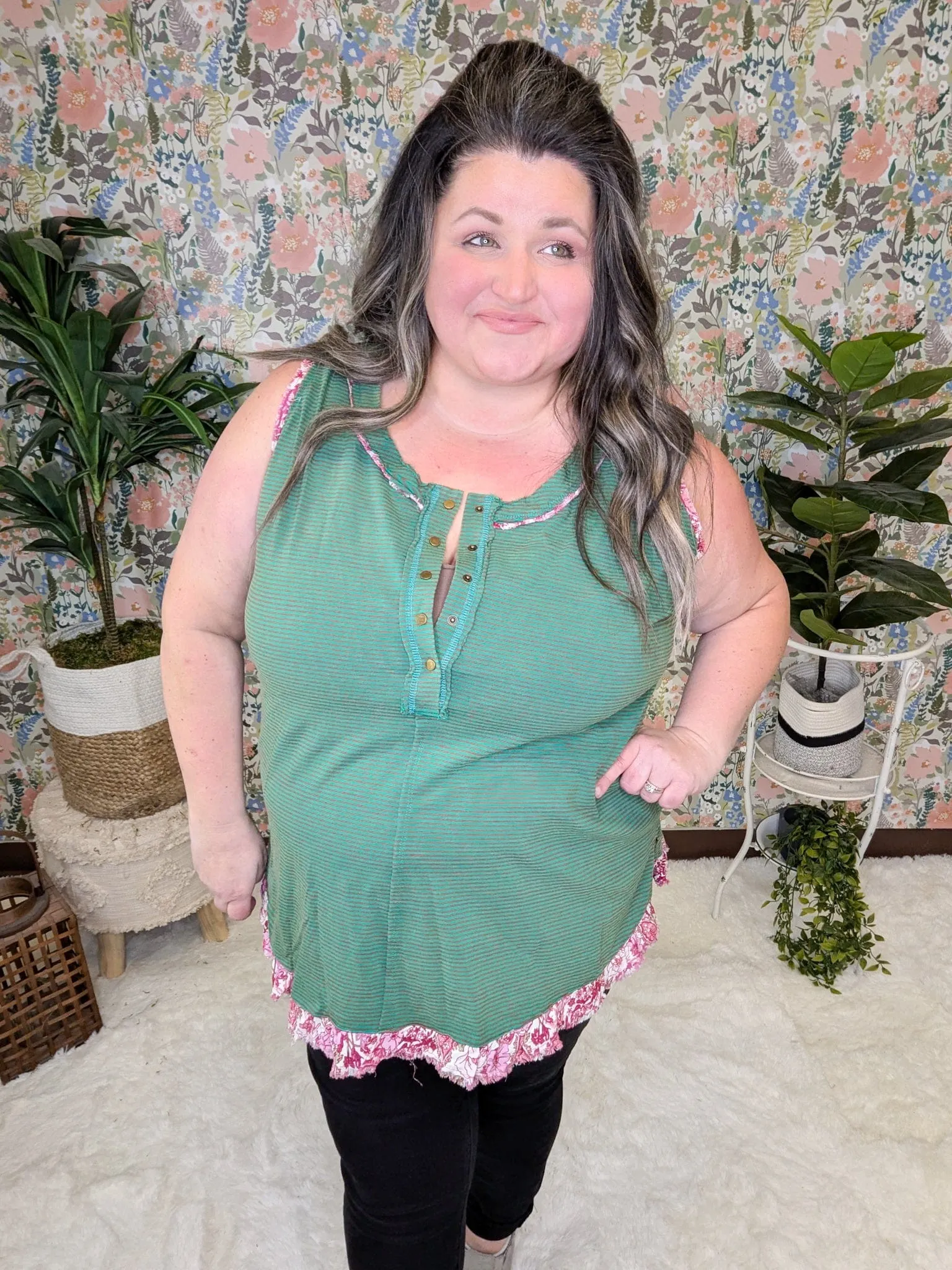 Carlie Striped Tank w/Floral Accent