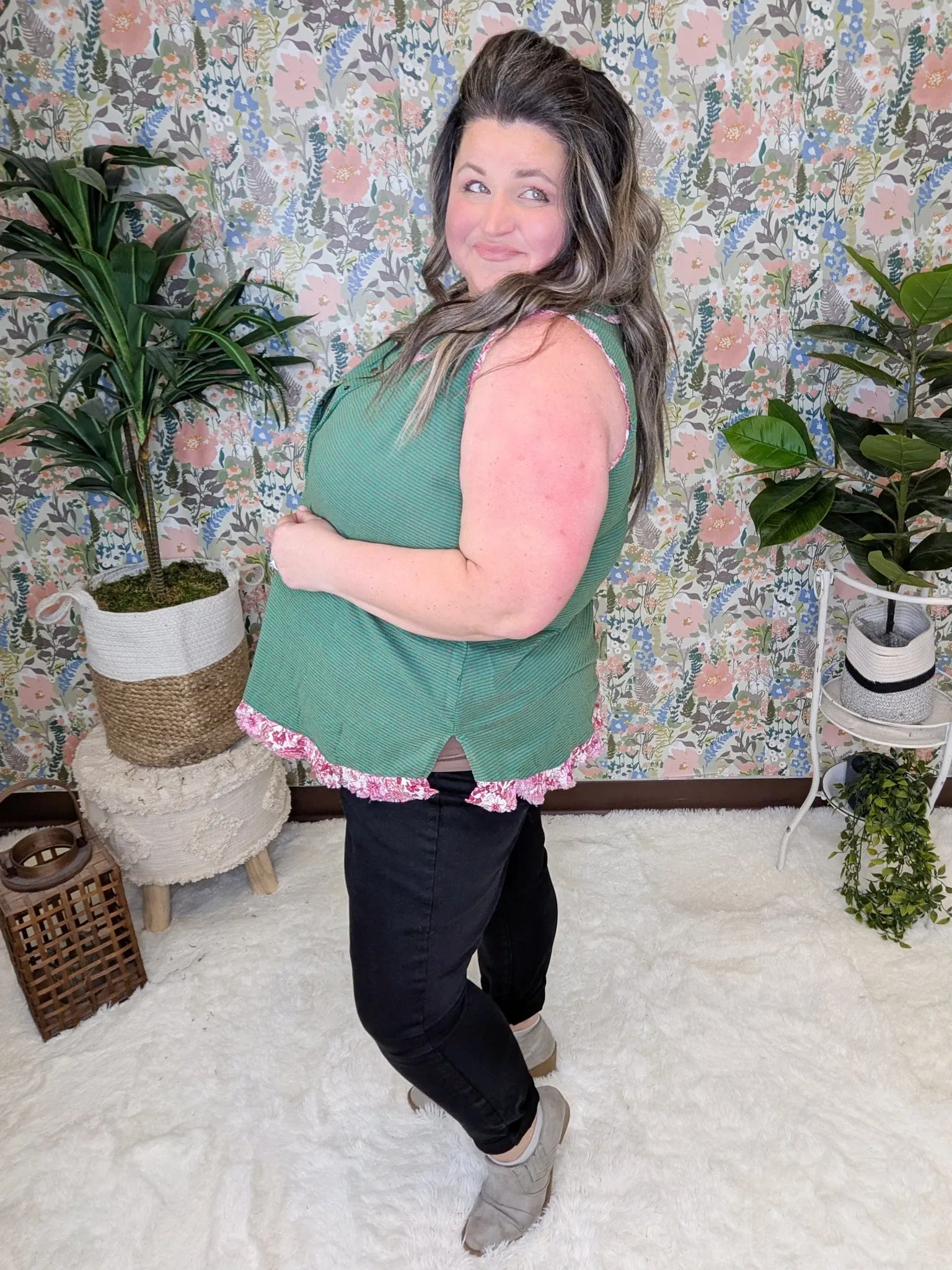 Carlie Striped Tank w/Floral Accent