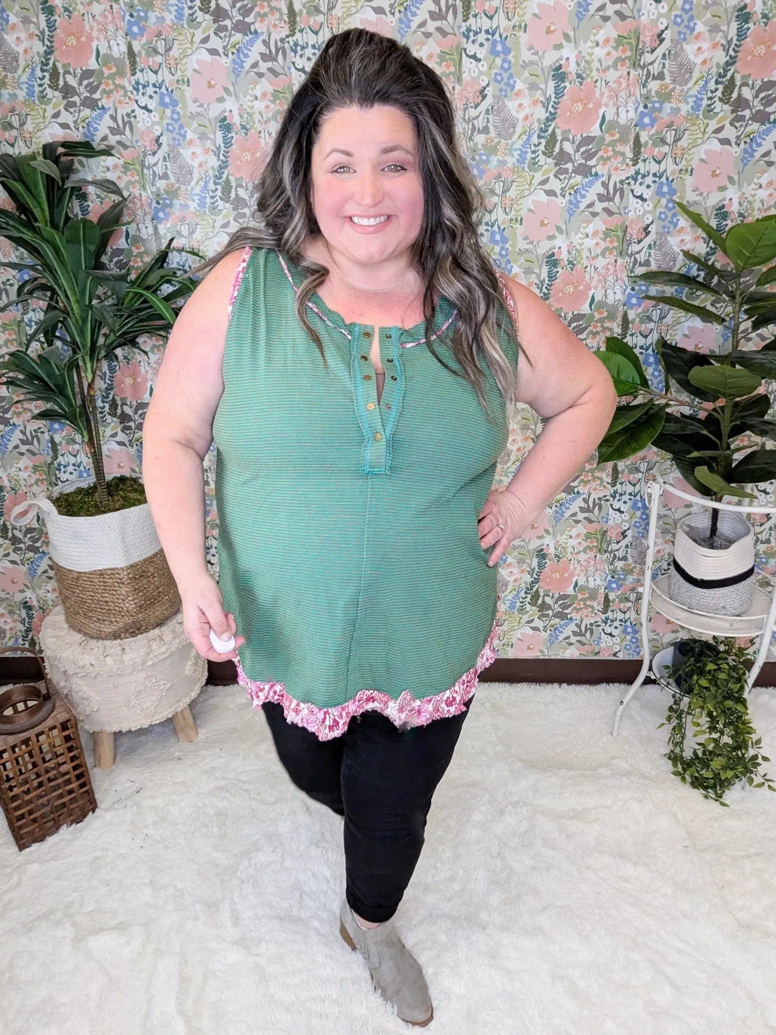 Carlie Striped Tank w/Floral Accent