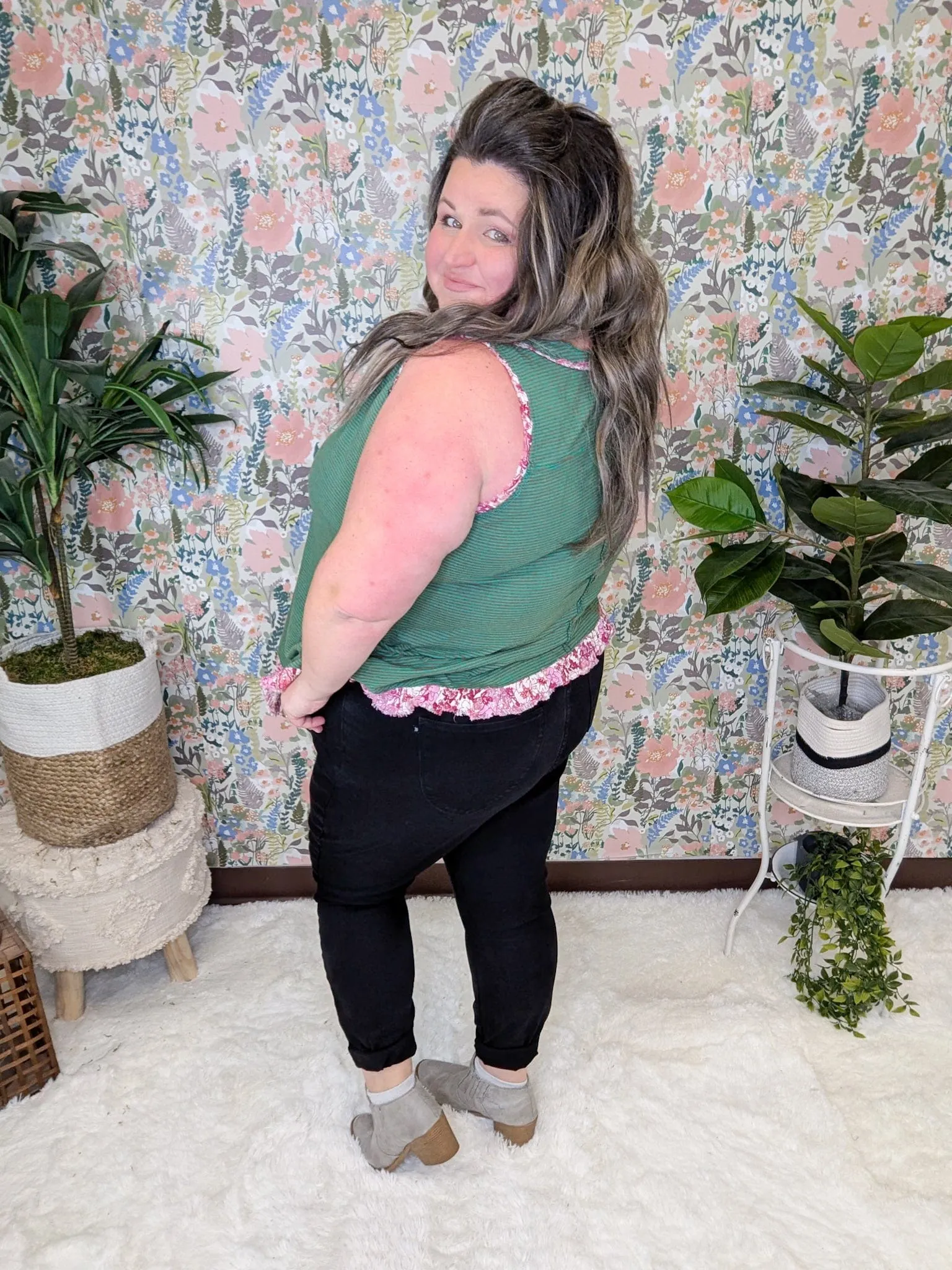 Carlie Striped Tank w/Floral Accent