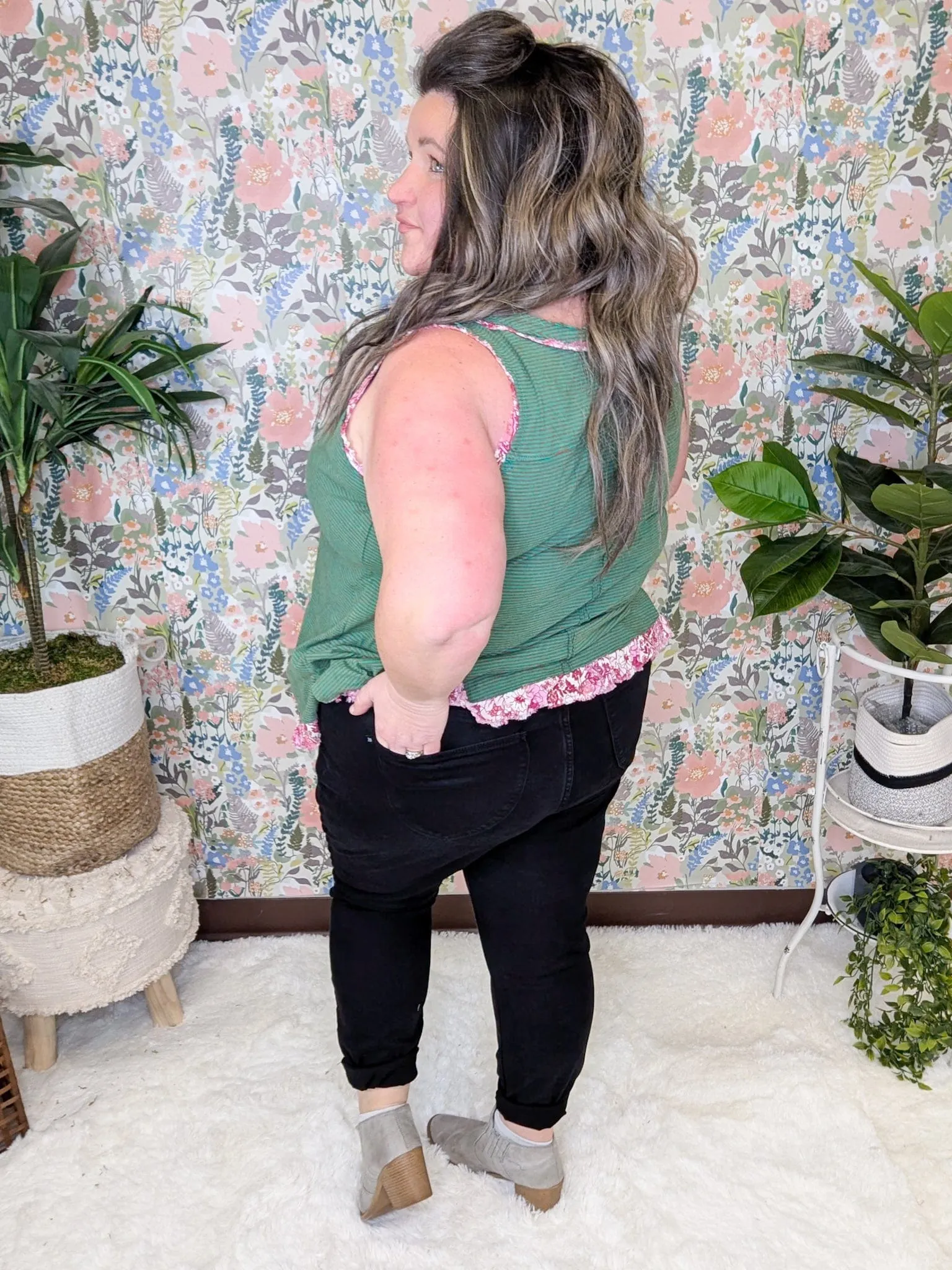 Carlie Striped Tank w/Floral Accent