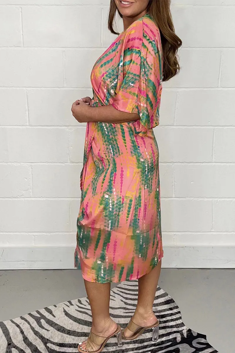 Casual Geometric Print Patchwork V Neck Shirt Dress Dresses(4 Colors)