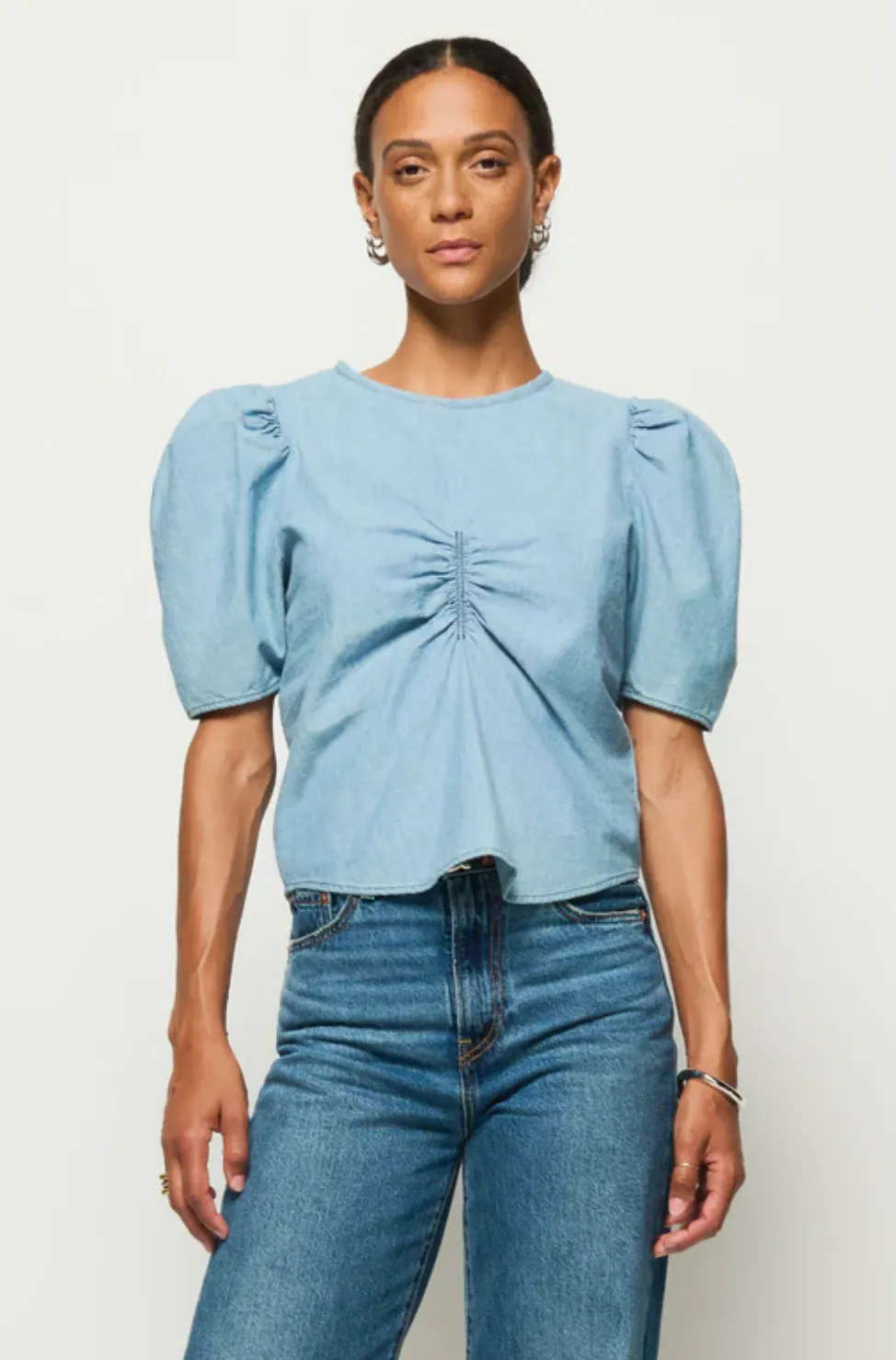 Cecily Baby Doll Top Blue Chambray