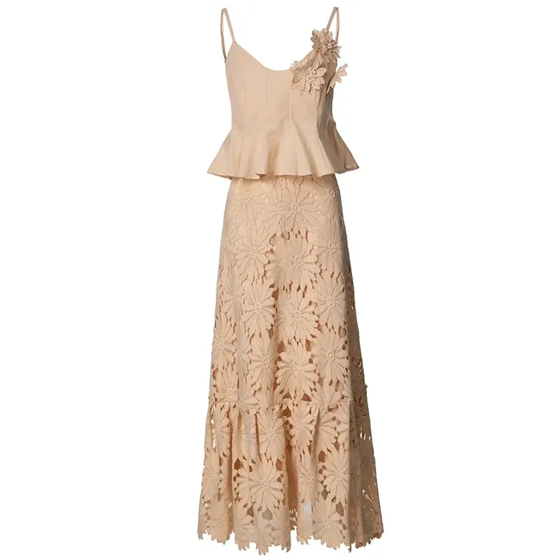 Charlotte Spaghetti Strap Appliques Backless Short Top   Long Skirt High Street 2-piece set