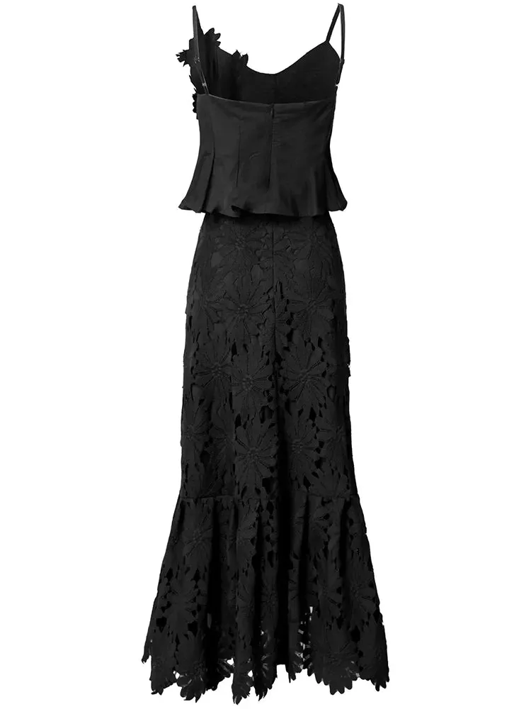 Charlotte Spaghetti Strap Appliques Backless Short Top   Long Skirt High Street 2-piece set
