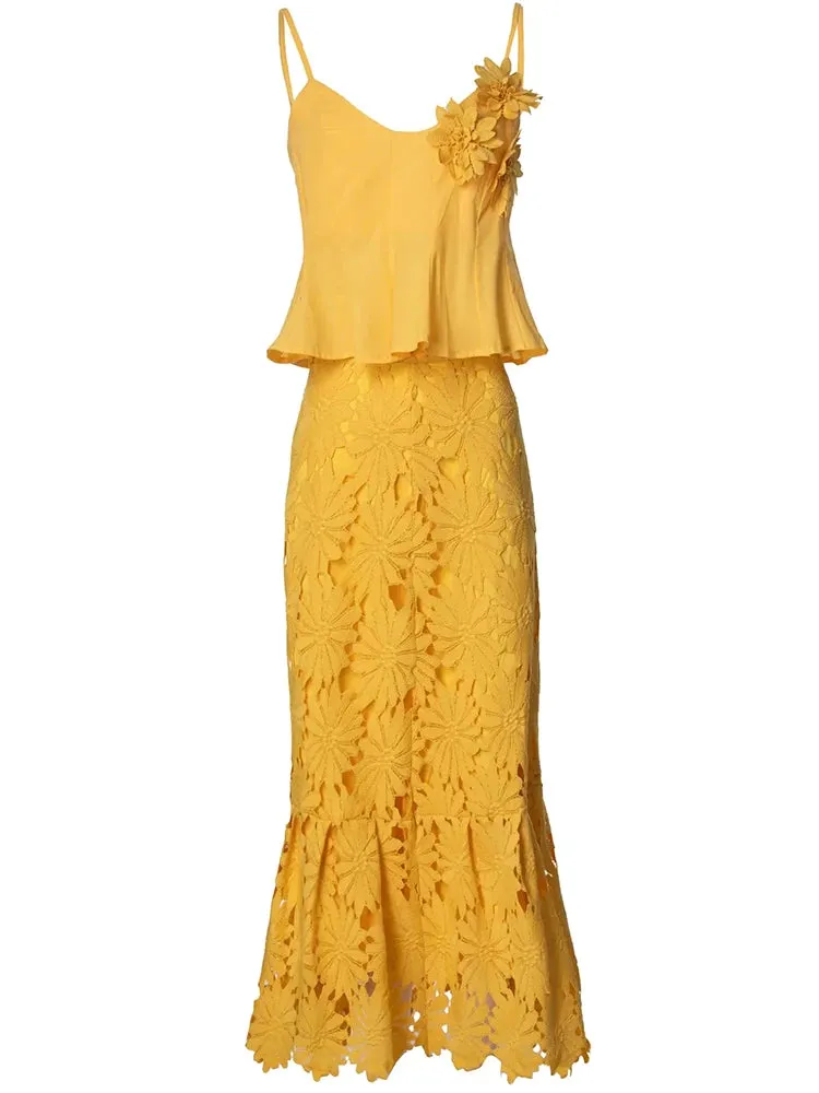 Charlotte Spaghetti Strap Appliques Backless Short Top   Long Skirt High Street 2-piece set