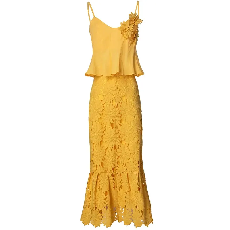 Charlotte Spaghetti Strap Appliques Backless Short Top   Long Skirt High Street 2-piece set