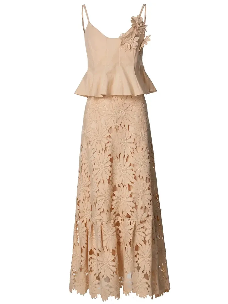 Charlotte Spaghetti Strap Appliques Backless Short Top   Long Skirt High Street 2-piece set