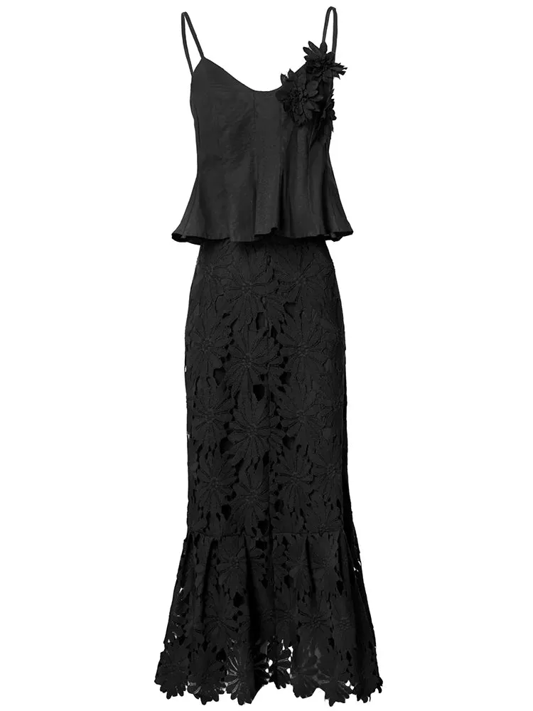 Charlotte Spaghetti Strap Appliques Backless Short Top   Long Skirt High Street 2-piece set