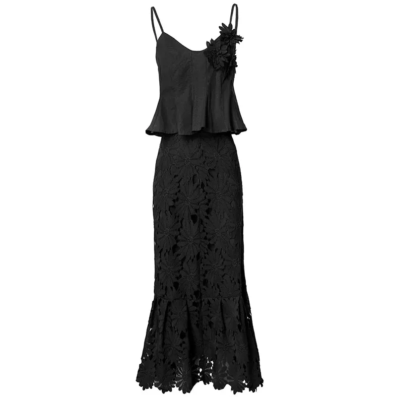 Charlotte Spaghetti Strap Appliques Backless Short Top   Long Skirt High Street 2-piece set