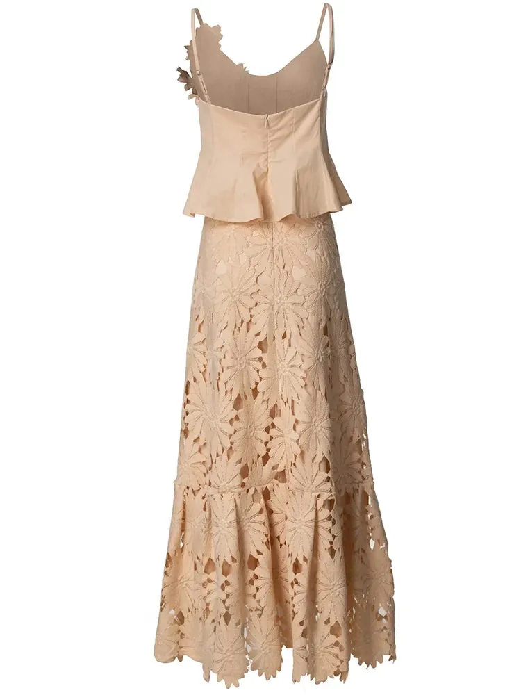 Charlotte Spaghetti Strap Appliques Backless Short Top   Long Skirt High Street 2-piece set