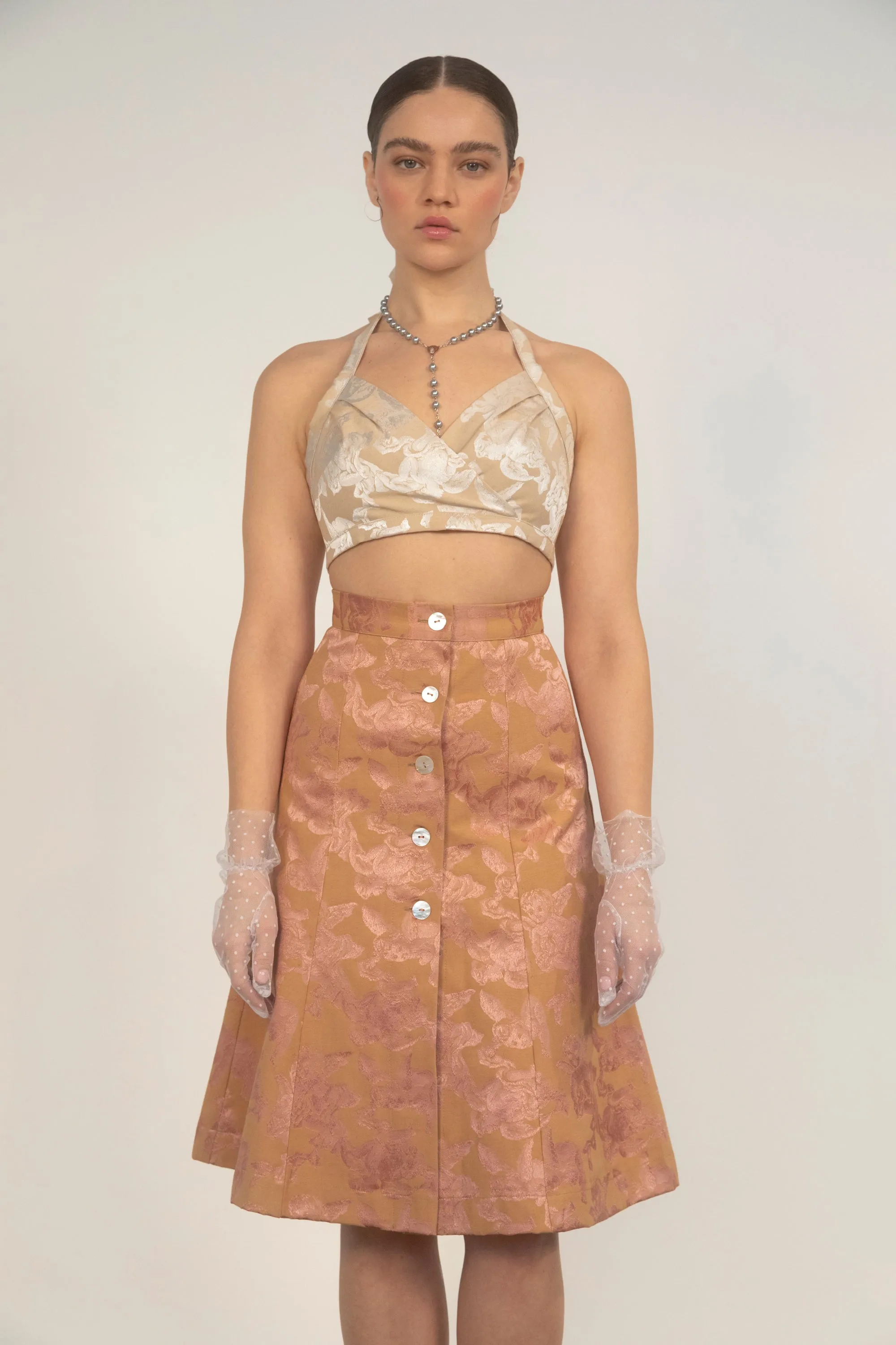 Cherub Button Down Skirt-Tan/Rose Jacquard-Pre-Order