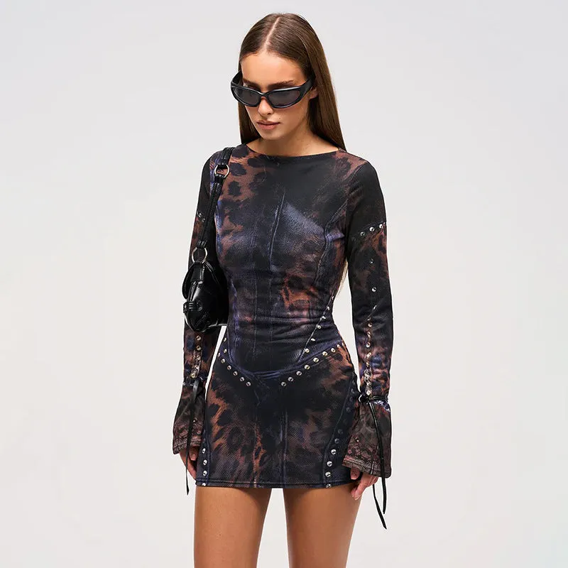 Chic Printed Slim Long Sleeve Bodycon Short Dress