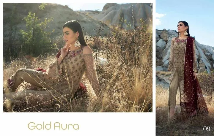 Chiffon dress in Skin Gold and Maroon Color by Zainab Chotani - C1707