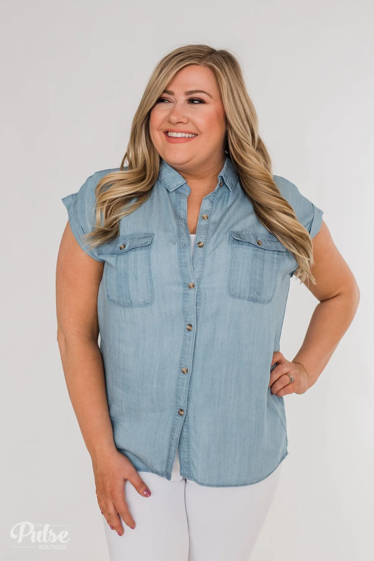 Close to Home Button Down Top- Light Denim