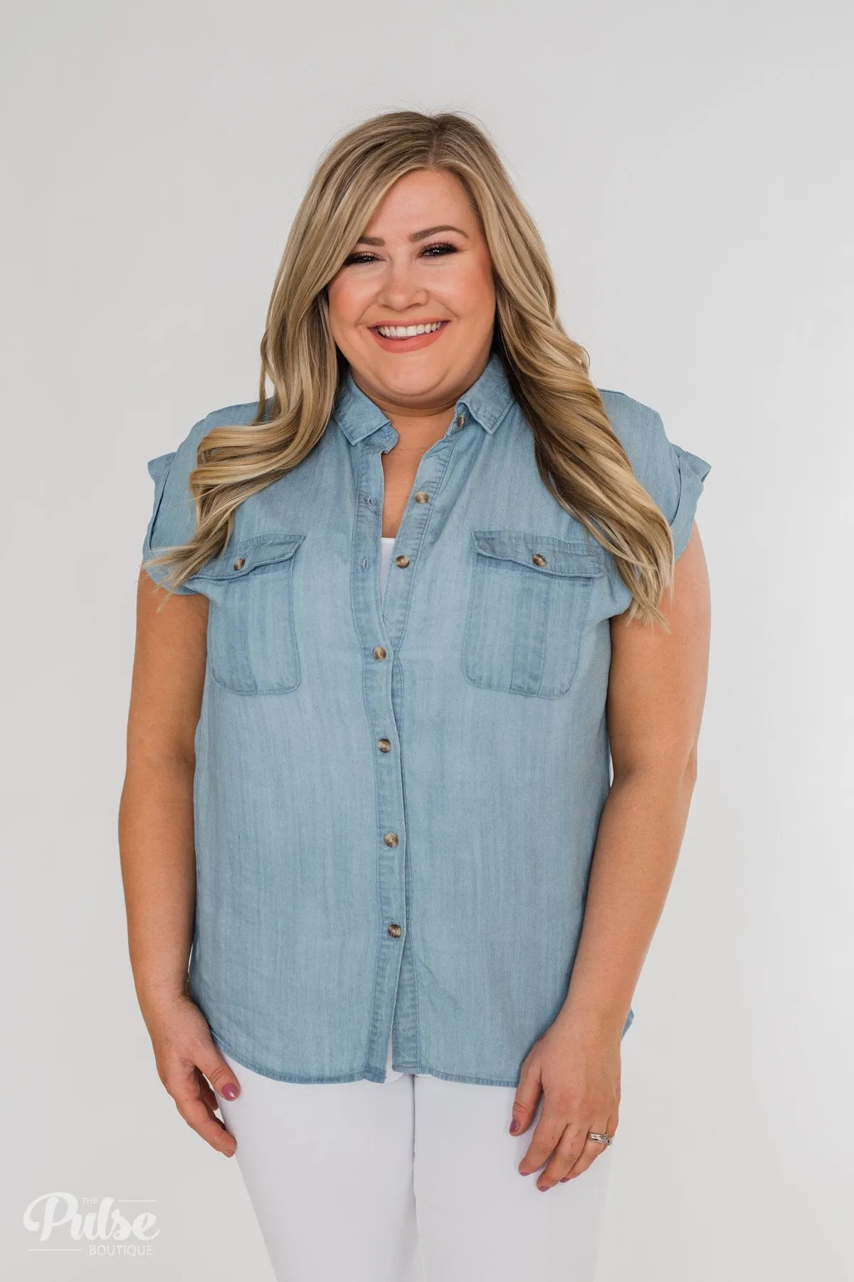Close to Home Button Down Top- Light Denim