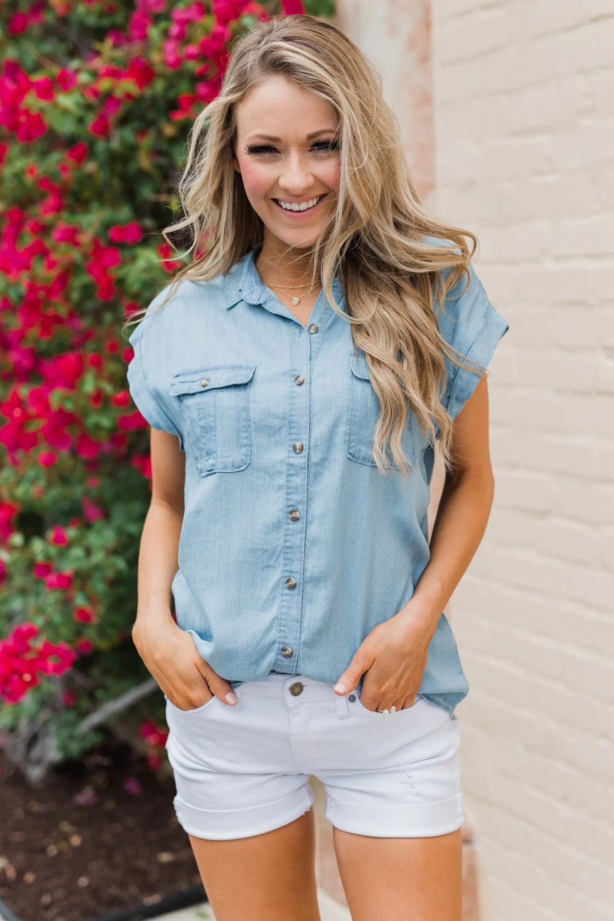 Close to Home Button Down Top- Light Denim