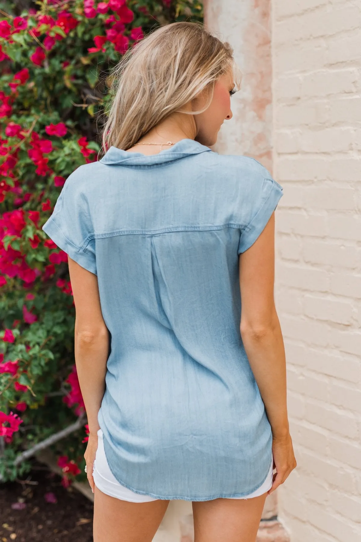 Close to Home Button Down Top- Light Denim