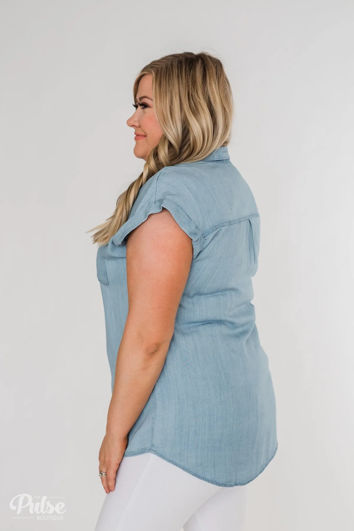 Close to Home Button Down Top- Light Denim