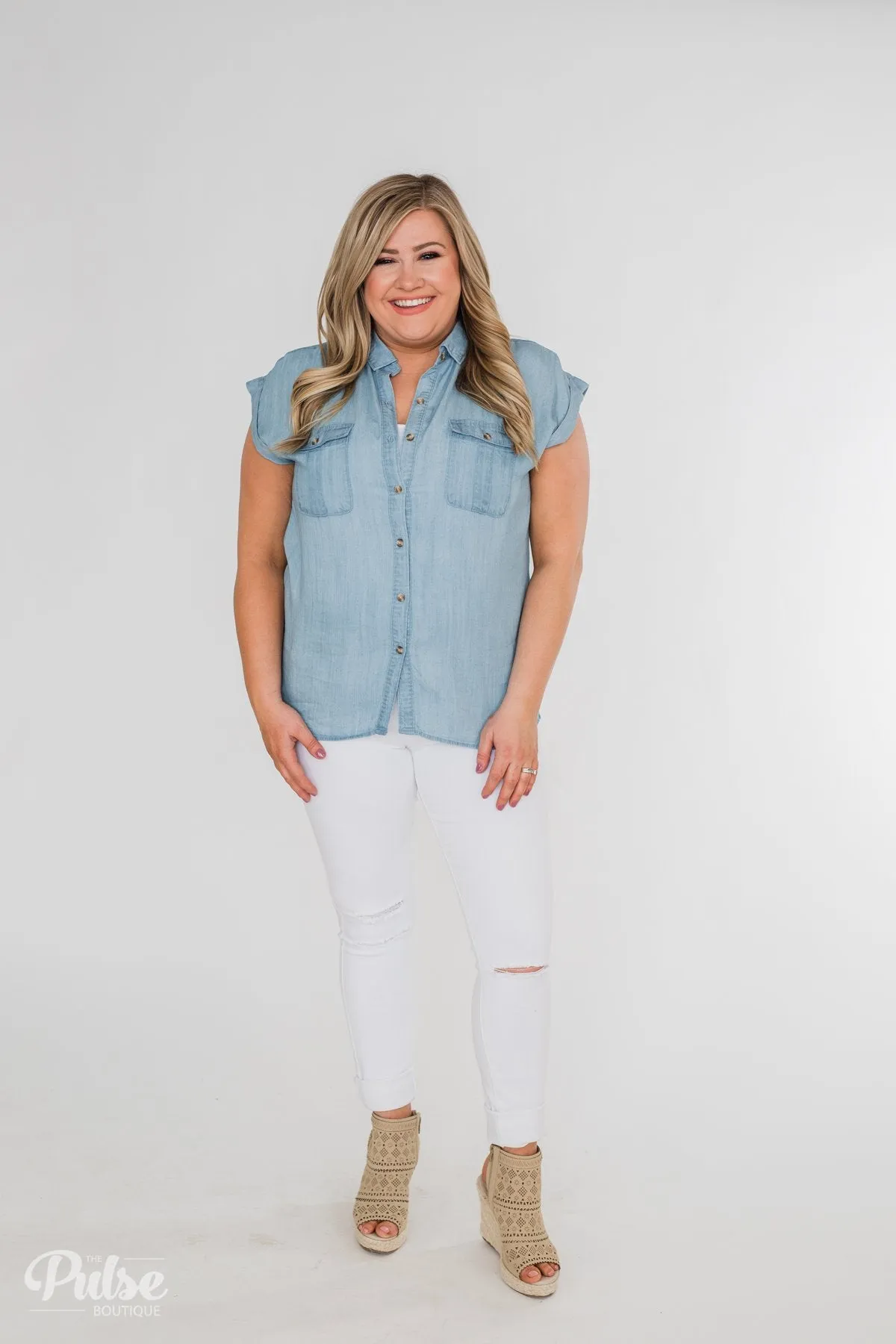 Close to Home Button Down Top- Light Denim